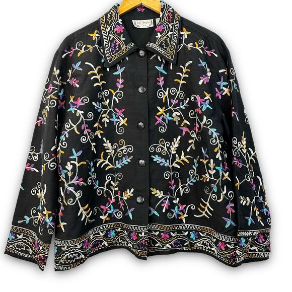 Life Style Black Floral Jacket Lightweight Silk Blend Embroidered Dressy Medium - Picture 1 of 4
